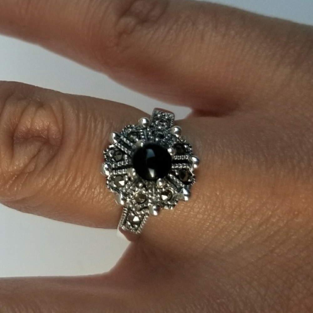Sterling Silver Round Black Onyx Flower Marcasite